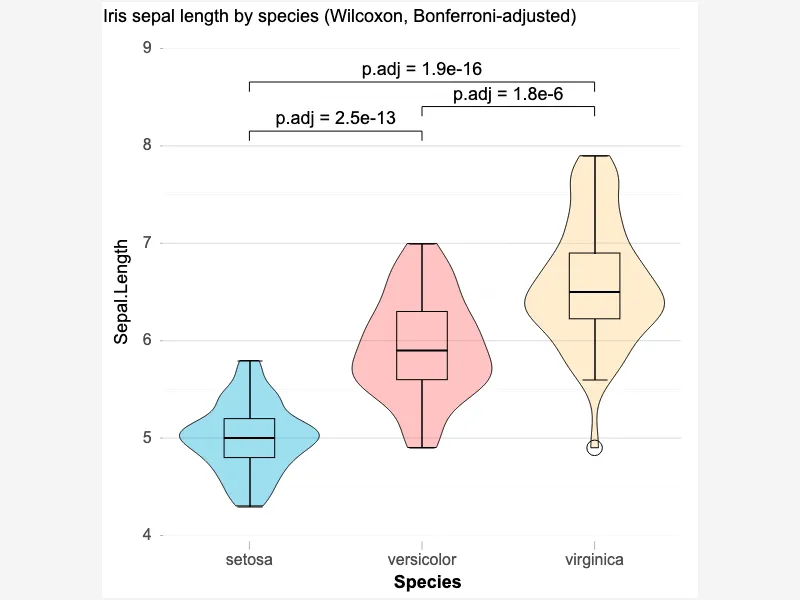 Violin plot with Bonferroni-adjusted Wilcoxon tests